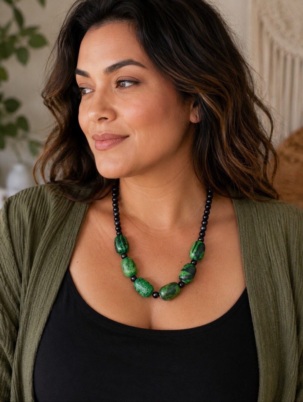 Black & Green Beaded Statement Necklace 16" Toggle Clasp Artisan Style